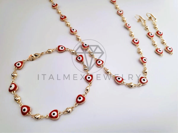 Juego de Lujo - 104328 - Diseño de Ojo Turco Rojo Corazon con Collar, Arete y Pulsera Oro Laminado 18K