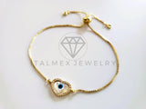 Pulsera de Lujo - 103732 - Diseño Ajustable Ojo Turco Perla Corazón CZ Claro Oro Laminado 18K