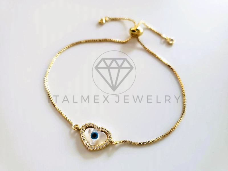 Pulsera de Lujo - 103732 - Diseño Ajustable Ojo Turco Perla Corazón CZ Claro Oro Laminado 18K