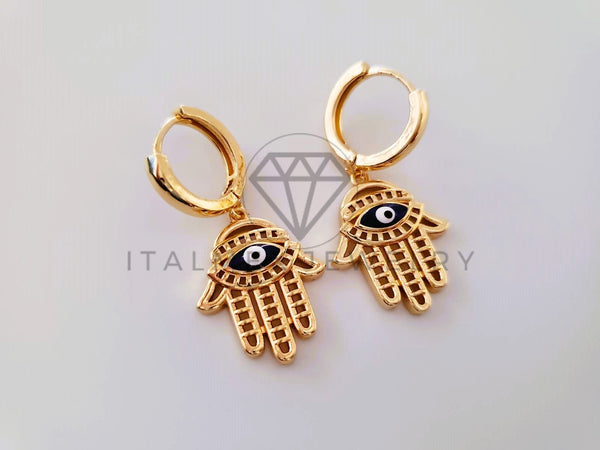 Arete de Lujo - 104630 - Huggie Mano Hamsa y Ojo Turco Oro Laminado 18K