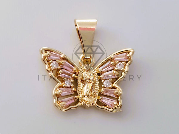 Dije de Lujo - 104597 - Dije Mariposa Virgen de Guadalupe CZ Rosa Tamaño Mini Oro Laminado 18K