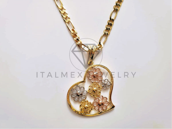 Dije Elegante - 104193 - Dije de Corazón Laser con Flores Oro Laminado 18K