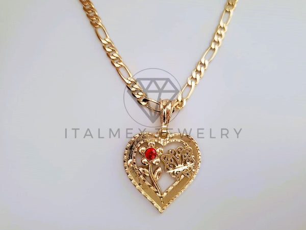 Dije de Lujo - 104402 - Dije Corazón con Flor CZ Roja Oro Laminado 18K