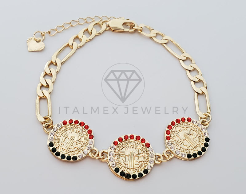 Pulsera Elegante - 100185 - Diseño Medallas San Benito CZ Mexico Oro Laminado 18K