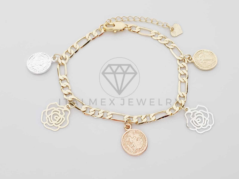 Pulsera Elegante - 100152 - Diseño de San Benito con Rosas de 3 Colores Oro Laminado 18K