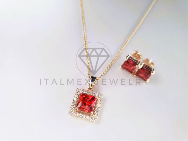 Juego de Lujo - 103780 - Diseño Corte Cuadrado CZ Roja y Clara Oro Laminado 18K
