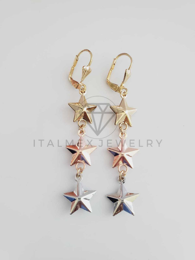 Arete de Lujo - 102469 - Arete Largo diseño de Estrellas 3 Tonos Oro Brasileño 18K