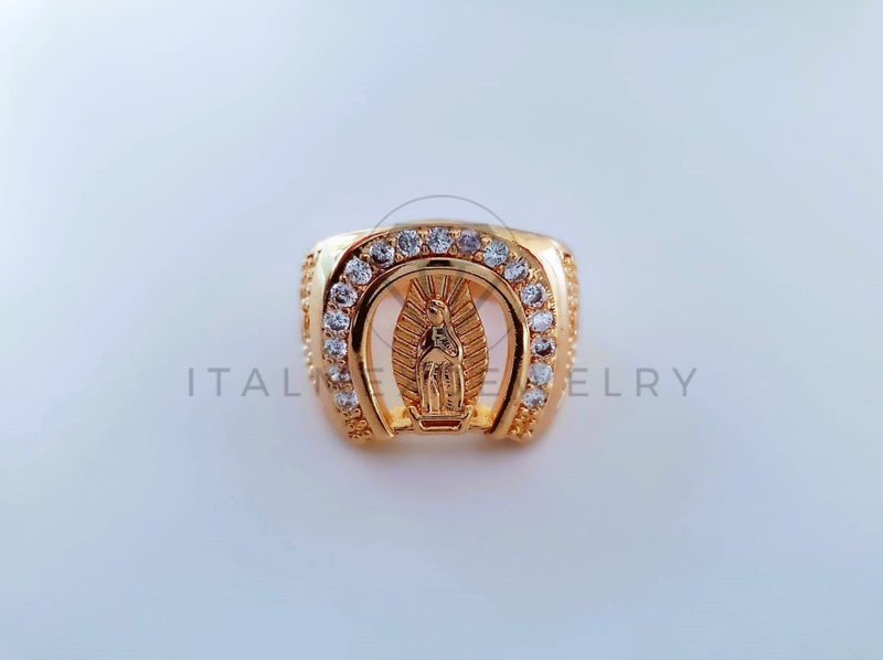 Anillo Caballero de Lujo - 103930 - Diseño Herradura y Virgen CZ Clara Oro Laminado 18K