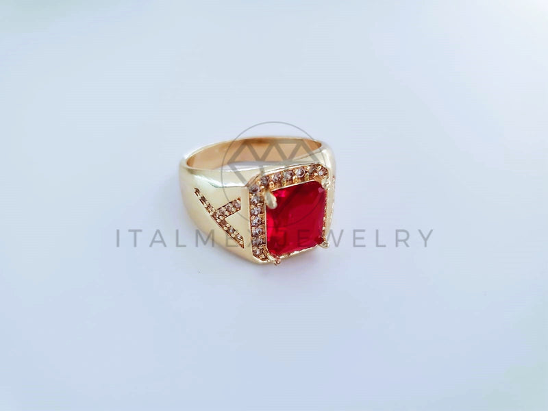 Anillo Caballero de Lujo - 103922 - Diseño Cuadrado CZ Roja Oro Laminado 18K