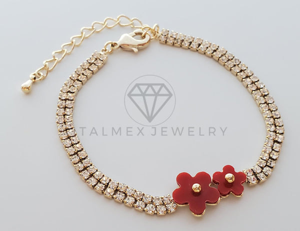 Pulsera de Lujo - 101797 - Diseño de Flor Roja y Tira CZ Clara Oro Laminado 18K