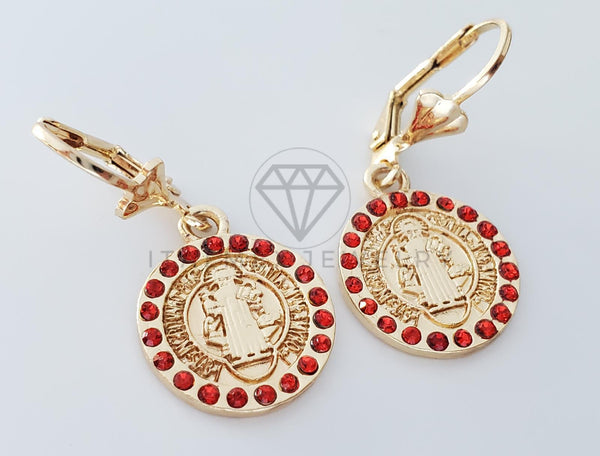 Arete Elegante - 100733 - Diseño de San Benito con CZ Roja Oro Laminado 18K