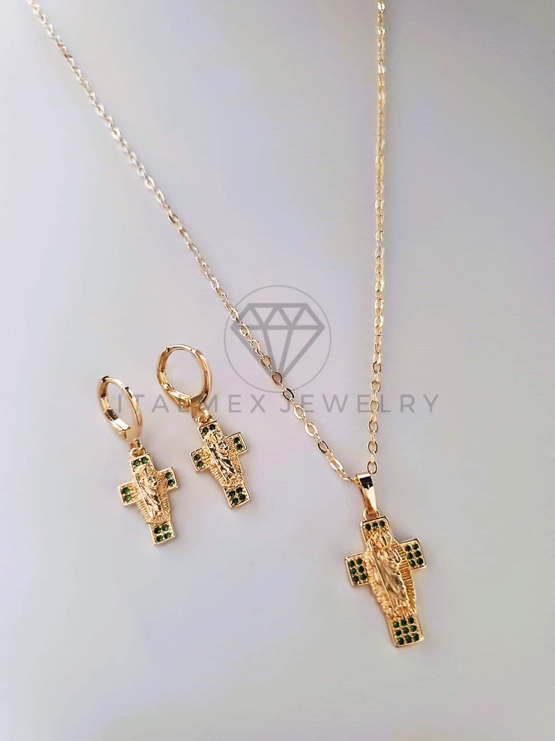 Juego de Lujo - 103802 - Diseño Cruz San Judas CZ Verde Oro Laminado 18K