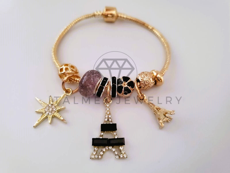 Pulsera Elegante - 104300 - Pulsera Estilo PDR Torre Eiffel CZ Negra Oro Laminado 18K