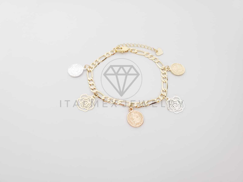 Pulsera Elegante - 100152 - Diseño de San Benito con Rosas de 3 Colores Oro Laminado 18K