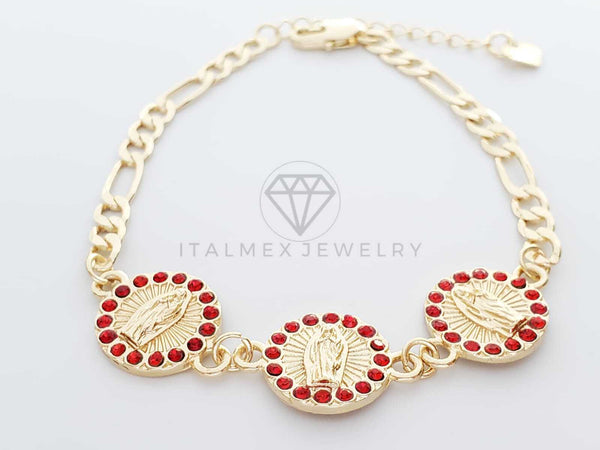 Pulsera Elegante - 100218 - Diseño de Moneda de la Virgen de Guadalupe Con CZ Roja Oro Laminado 18K