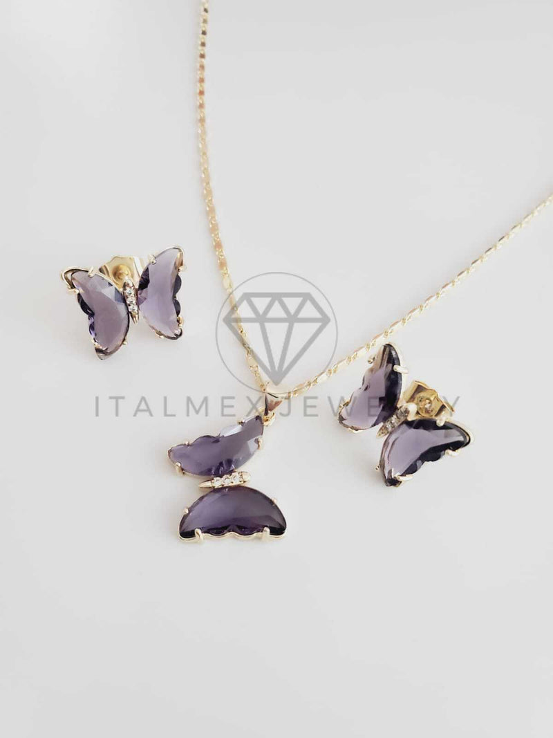 Juego de Lujo - 102409 - Diseño de Mariposas CZ Morado Oro Laminado 18K