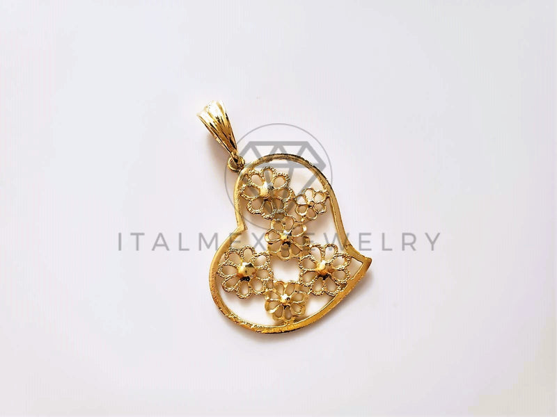 Dije Elegante - 104201 - Dije de Corazón Laser con Flores Oro Laminado 18K