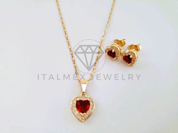 Juego de Lujo - 103947 - Diseño Corazón con Circonia Roja Oro Laminado 18K