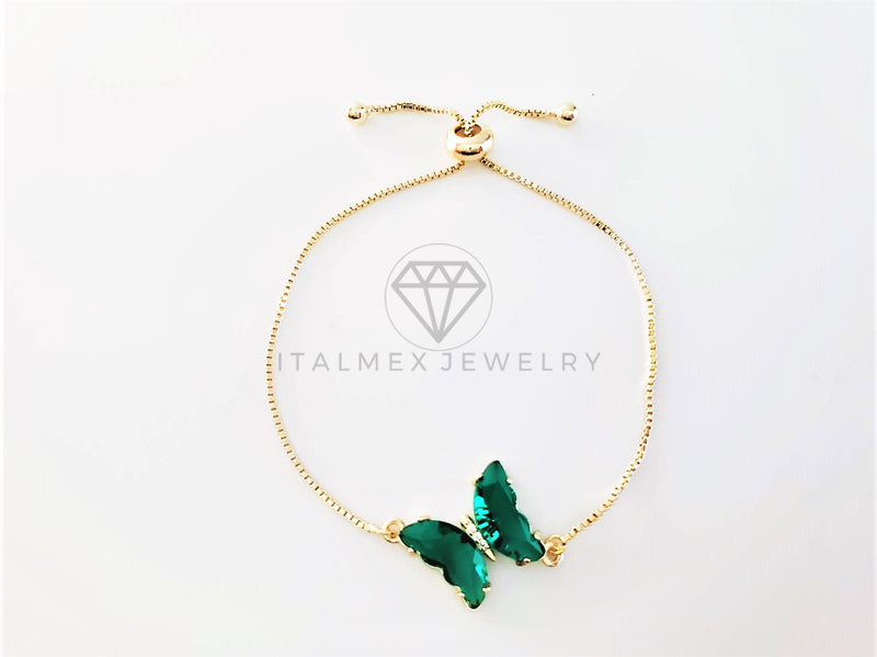 Pulsera de Lujo - 103201 - Diseño Ajustable con Mariposa CZ Verde Aqua Oro Laminado 18K