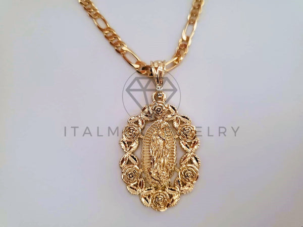 Dije Religioso - 104403 - Dije de Virgen de Guadalupe con Bisel de Flores Tamaño Mediano Oro Laminado 18K