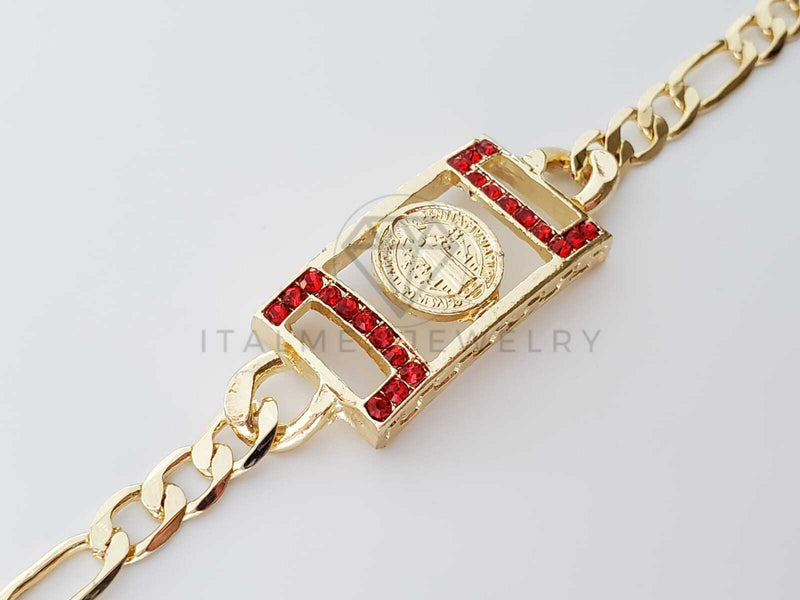 Esclava Elegante - 100247 - Diseño Placa San Benito CZ Roja Oro Laminado 18K