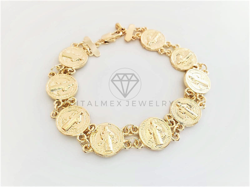 Pulsera de Lujo - 102849 - Diseño Moneda San Benito Dorada Oro Laminado 18K