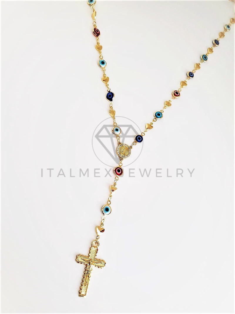 Rosario de Lujo - 103108 - Estilo Ojo Turco con Medalla Virgen y Corazón Oro Laminado 18K