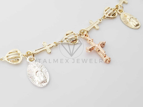 Pulsera Elegante - 100235 - Diseño de Corazón con Cruz y Virgen 3 Tonos Oro Laminado 18K