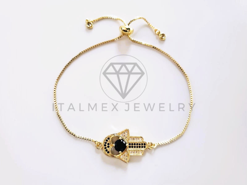 Pulsera de Lujo - 103720 - Diseño Ajustable Mano Hamsa CZ Azul Oro Laminado 18K