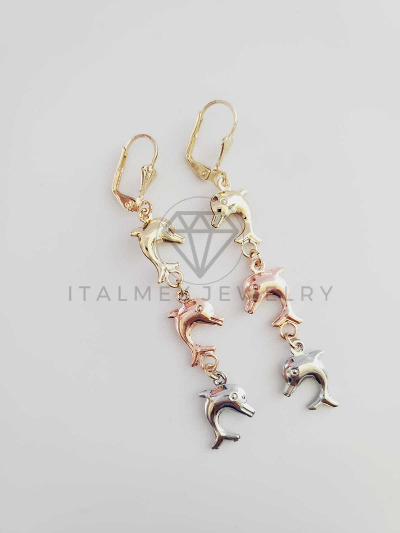 Arete de Lujo - 102468 - Arete Largo diseño de Delfines 3 Tonos Oro Brasileño 18K