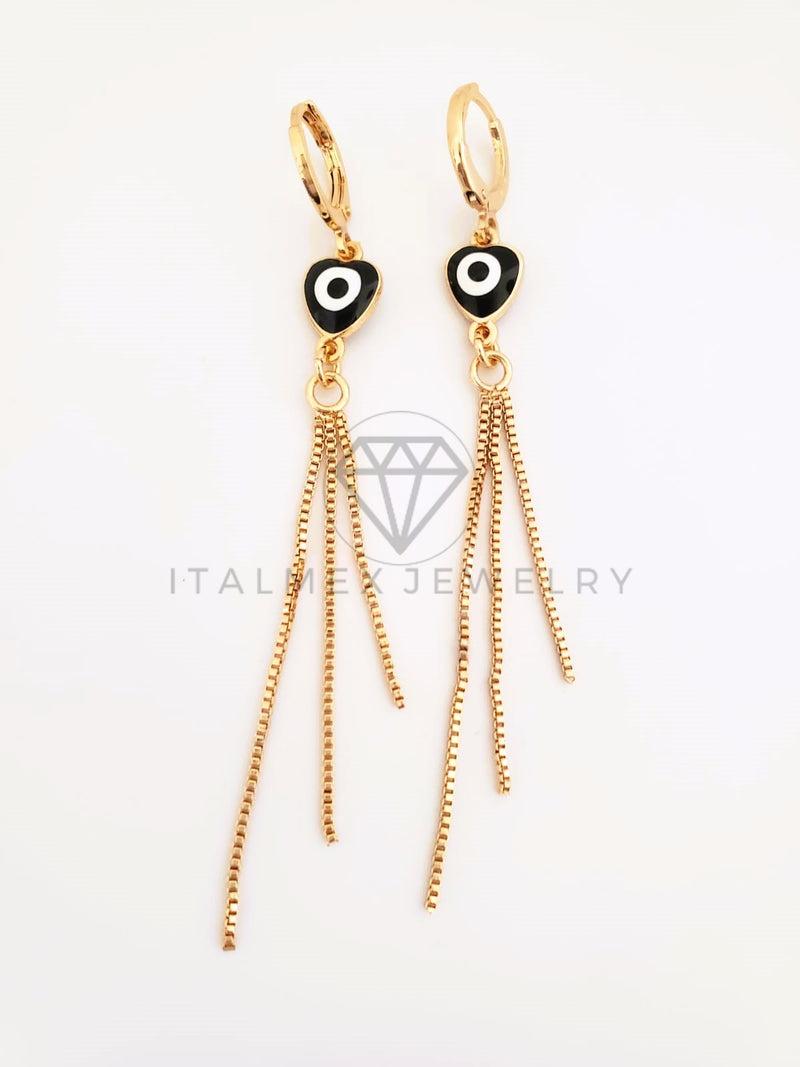 Arete de Lujo - 103524 - Diseño Ojo Turco Corazon Negro y Tira Oro Laminado 18K