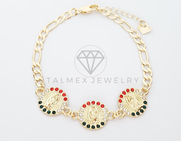 Pulsera Elegante - 100219 - Diseño de Moneda de la Virgen de Guadalupe Con CZ Tricolor Oro Laminado 18K