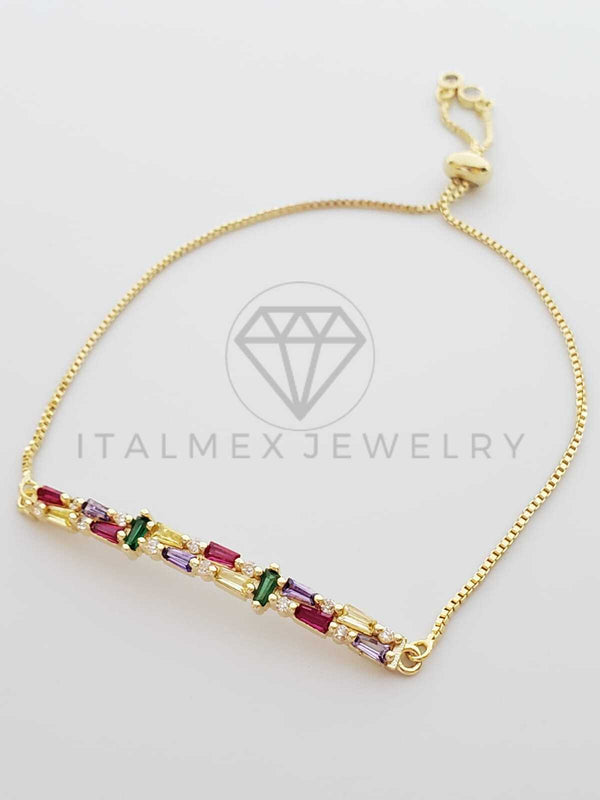 Pulsera Ajustable - 100346 - Diseño de Placa Rectangular CZ Colores Oro Laminado 18K