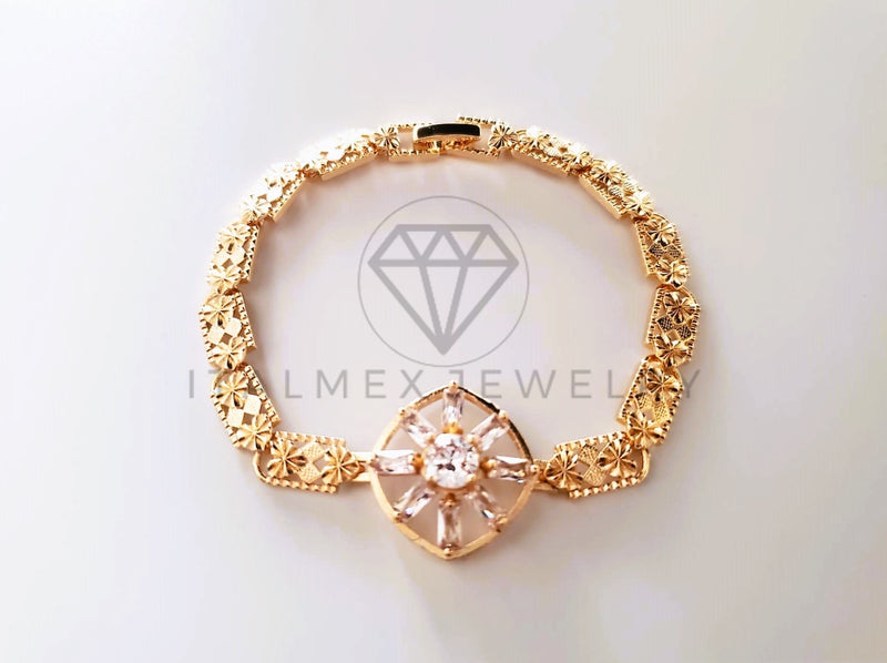 Pulsera de Lujo - 103701 - Diseño de Flores CZ Baguette Clara Oro Laminado 18K