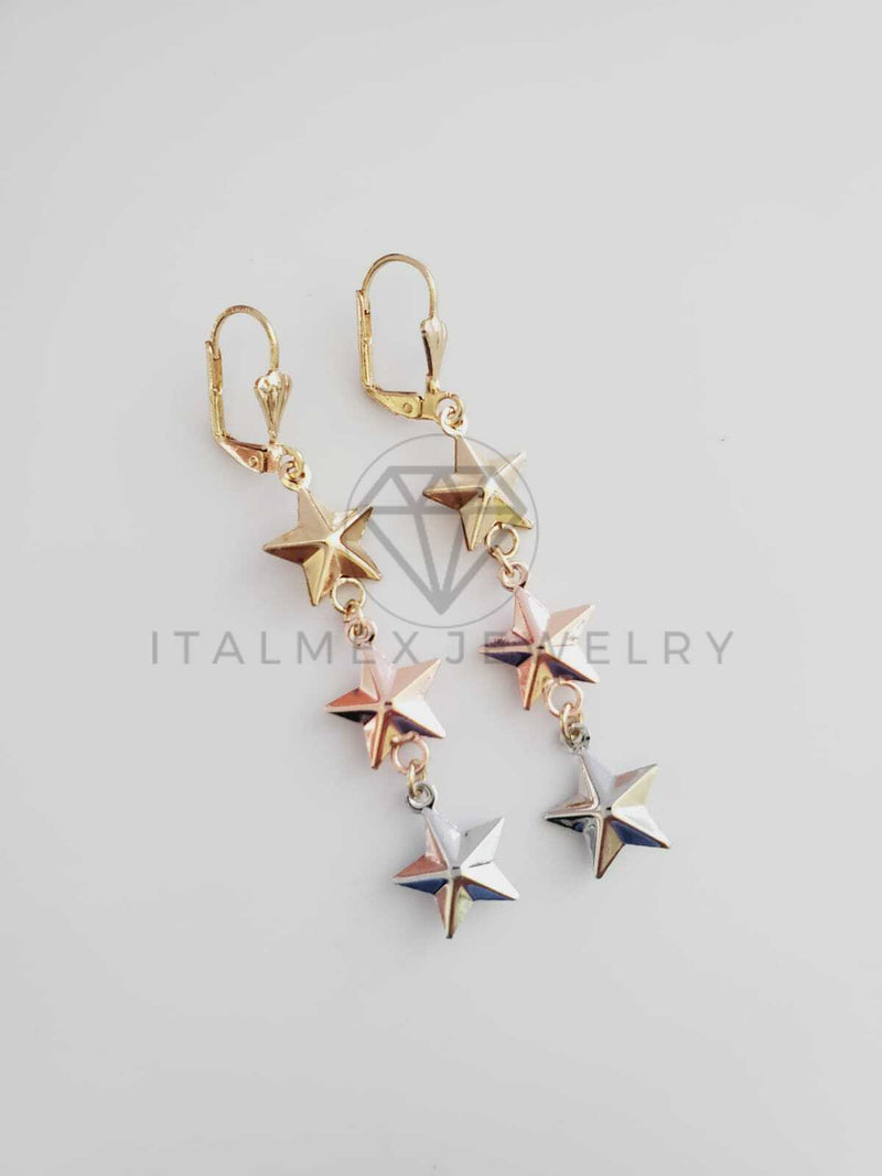Arete de Lujo - 102469 - Arete Largo diseño de Estrellas 3 Tonos Oro Brasileño 18K