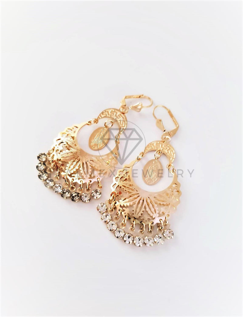 Arete de Lujo - 103099 - Arete Filigrana Virgen de Guadalupe CZ Clara Oro Laminado 18K