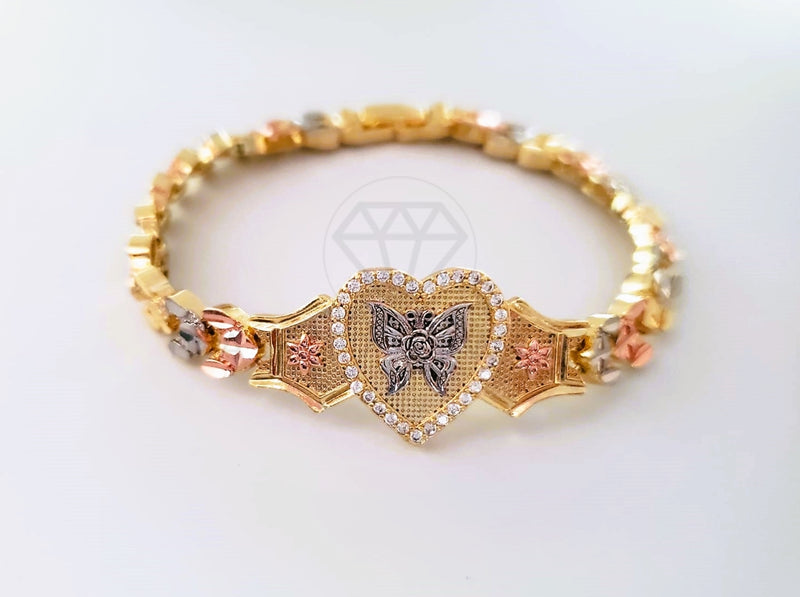 Pulsera Elegante - 103985 - Esclava 3 Oros Corazón Mariposa CZ Clara Oro Laminado 18K