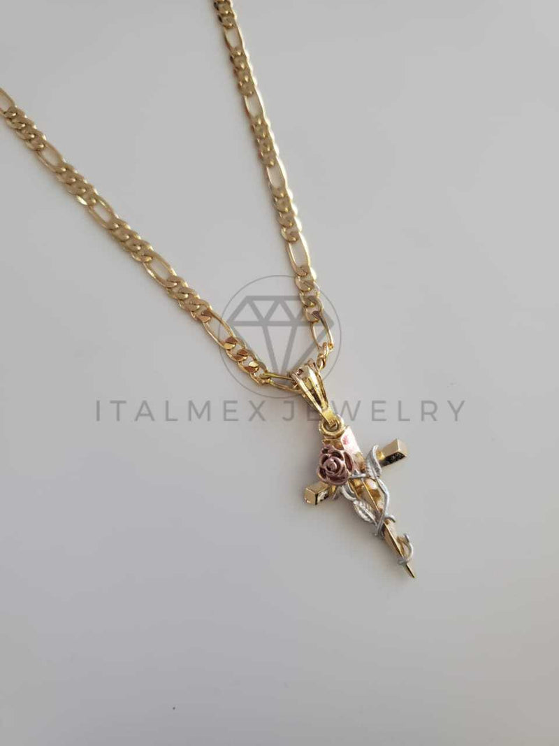 Dije Religioso - 102267 - Dije Cruz con Rosa 3 Oros Oro Laminado 18K