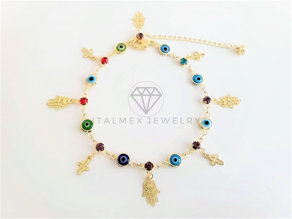 Tobillera Ajustable - 102704 - Diseño de Mano Hamsa y Cruz con CZ Color Oro Laminado 18K