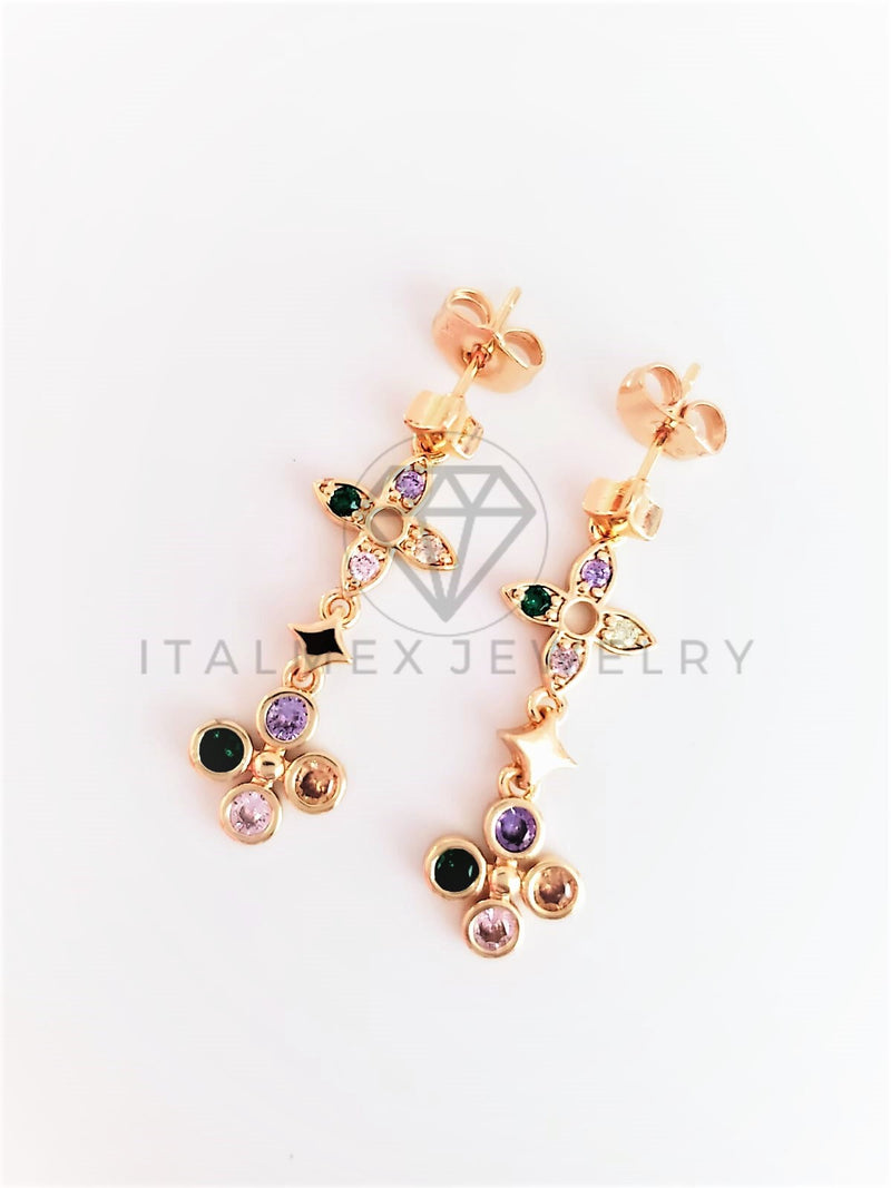 Arete de Lujo - 102956 - Diseño de Cruz y Flor CZ de Colores Oro Laminado 18K