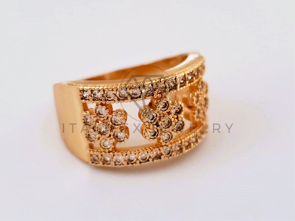 Anillo Dama de Lujo -104382 - Banda Floral con Circonia Clara Oro Laminado 18K