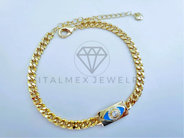 Pulsera Elegante - 103601 - Pulsera Placa Ojo Turco Azul Cielo con Circonia Oro Laminado 18K