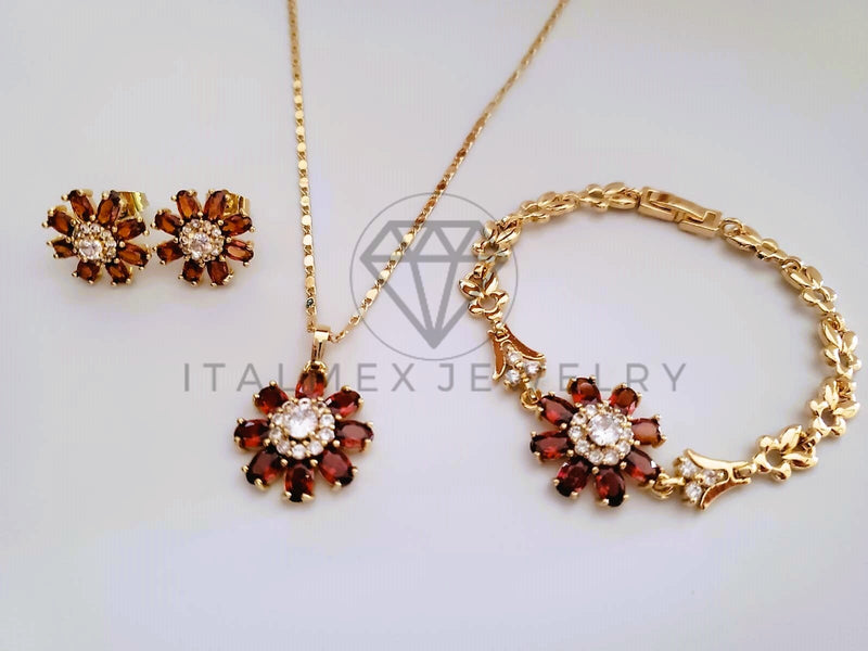 Juego de Lujo - 104570 - Diseño de Flores CZ Tinta Collar, Arete y Pulsera Oro Laminado 18K