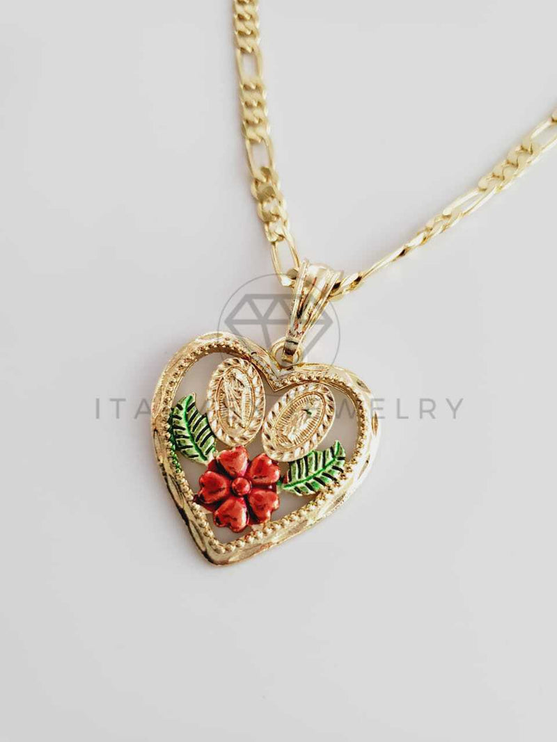 Dije Elegante - 102367 - Corazón Virgen y San Judas con Flor Tamaño Mediana Oro Laminado 18K