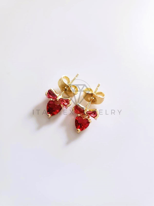 Broquel de Lujo - 103666 - Diseño de Moño Corazón CZ Roja Oro Laminado 18K