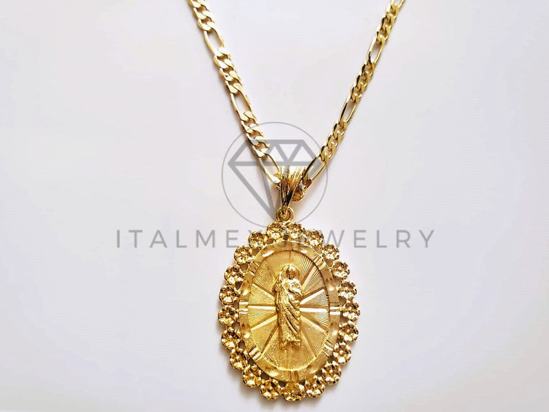 Dije Religioso - 104189 - Medalla Diamantada San Judas Bisel Flores Oro Laminado 18K