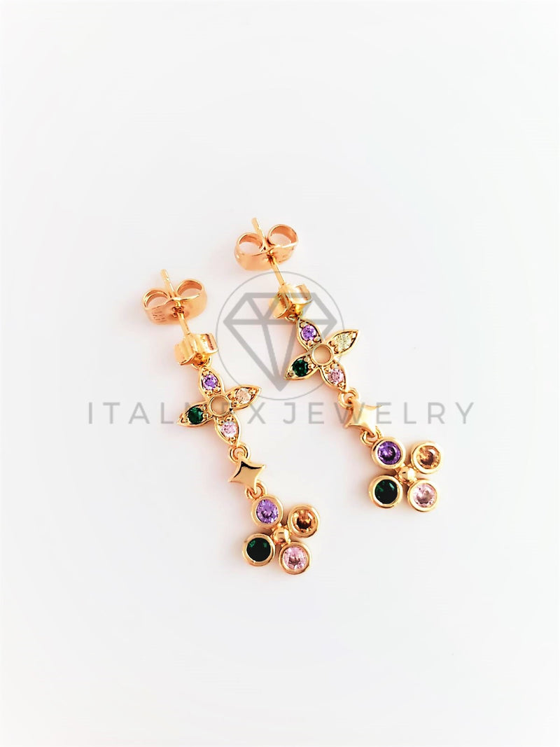 Arete de Lujo - 102956 - Diseño de Cruz y Flor CZ de Colores Oro Laminado 18K