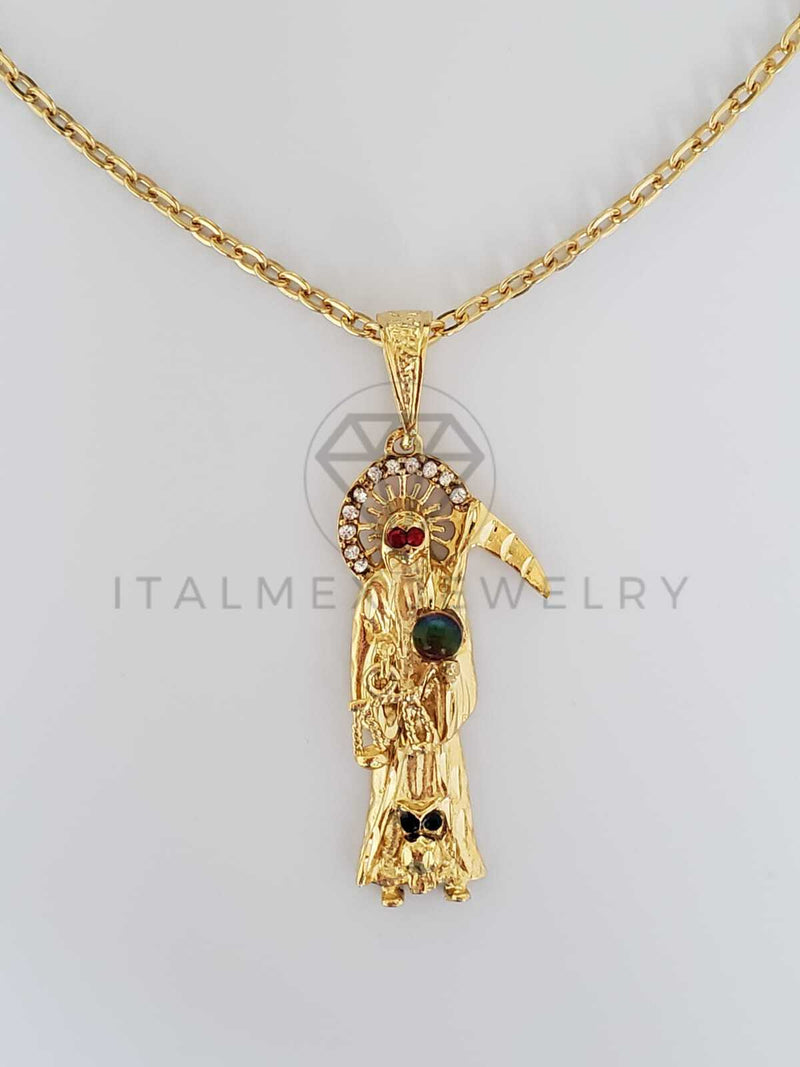 Dije Religiosa - 100469.100472 - Santa Muerte CZ y Cristal Tamaño Grande Oro Laminado 18K