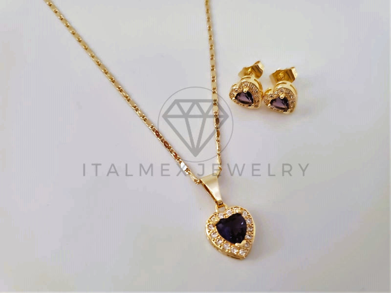 Juego de Lujo - 103948 - Diseño Corazón con Circonia Morada Oro Laminado 18K