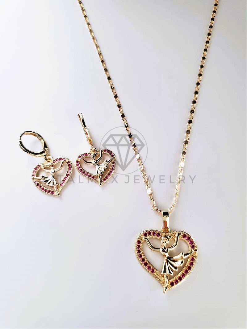 Juego de Lujo - 103816 - Diseño Corazón Bailarina CZ Rosa Oro Laminado 18K